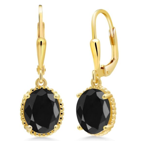 18K Yellow Gold 925 with 5.00 Cttw Black Sapphire Oval Leverback Hook Earrings - Picture 1 of 4